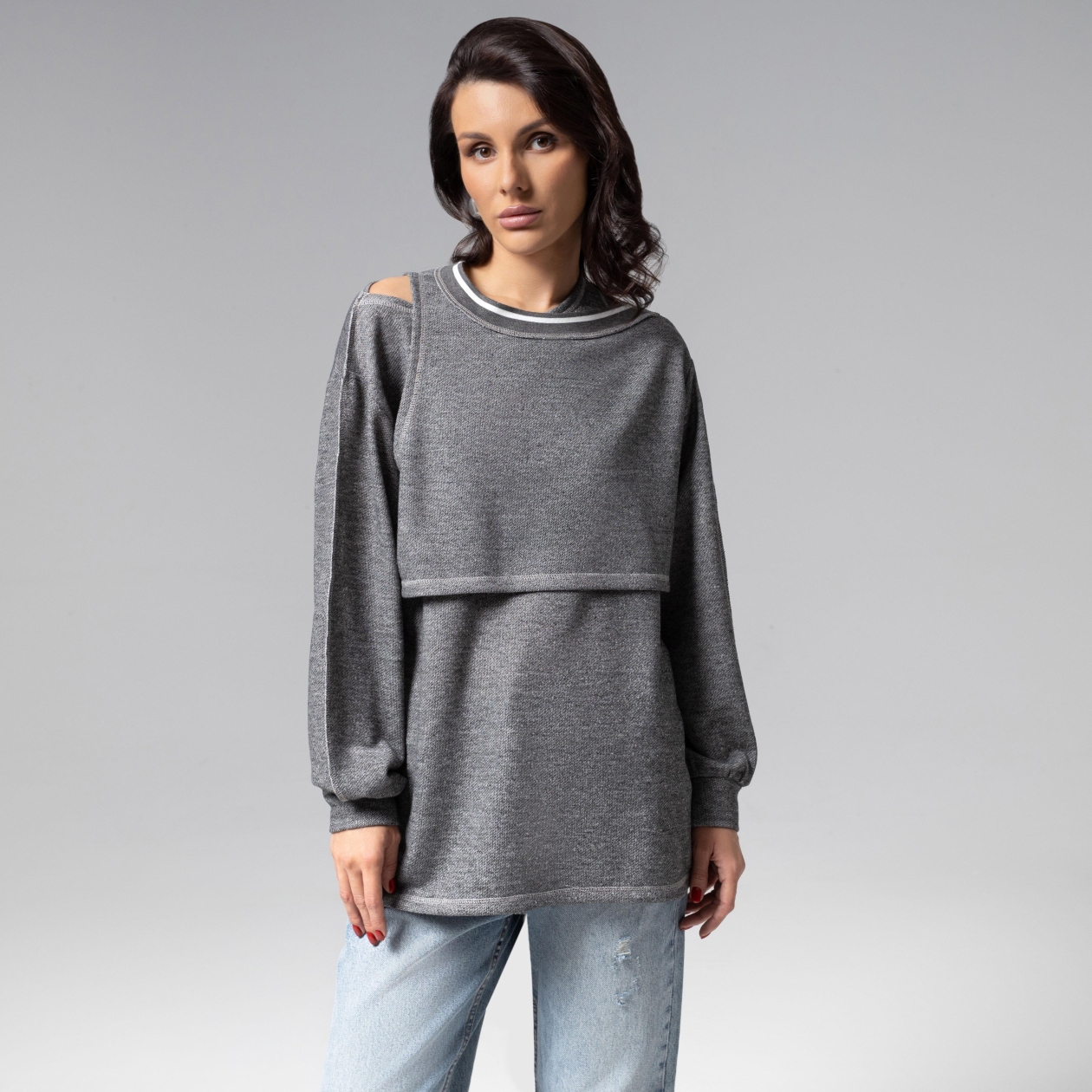 
Лонгслив многослойный, Преданная стилю (grey, 2 в 1)
