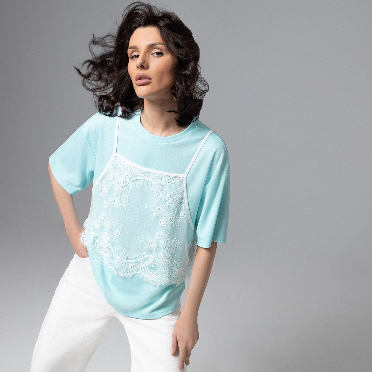 Футболка Модный тандем (мятный 2 в 1). Состав: 65% полиэстер, 30% вискоза, 5% спандекс