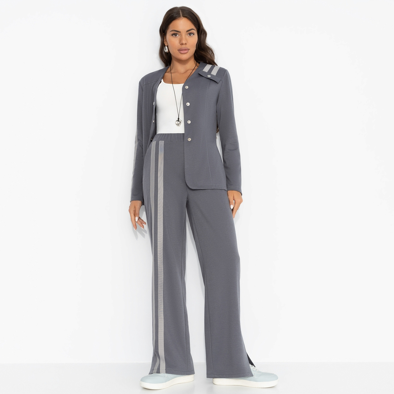 Брючный костюм Личное превосходство (серый, 2 в 1, с поясом). Состав: 65% п/э, 30% вискоза, 5% спандекс