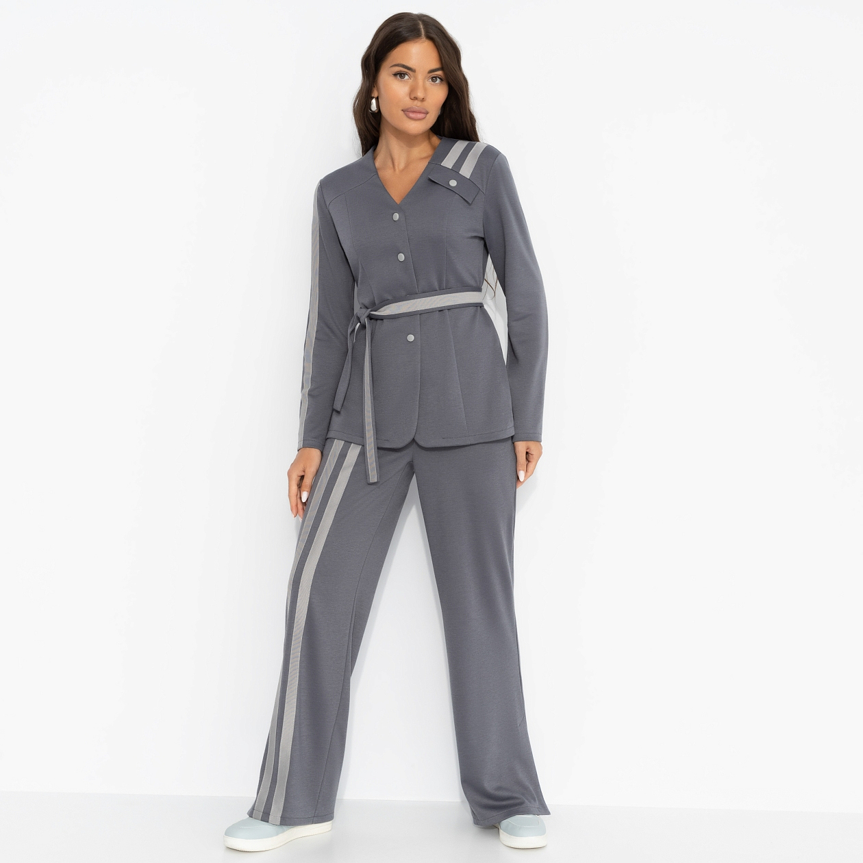 Брючный костюм Личное превосходство (серый, 2 в 1, с поясом). Состав: 65% п/э, 30% вискоза, 5% спандекс