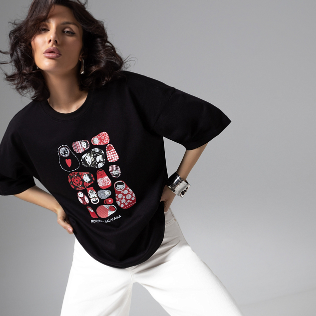 Футболка Фэшн-идеал (черная с матрешками) 