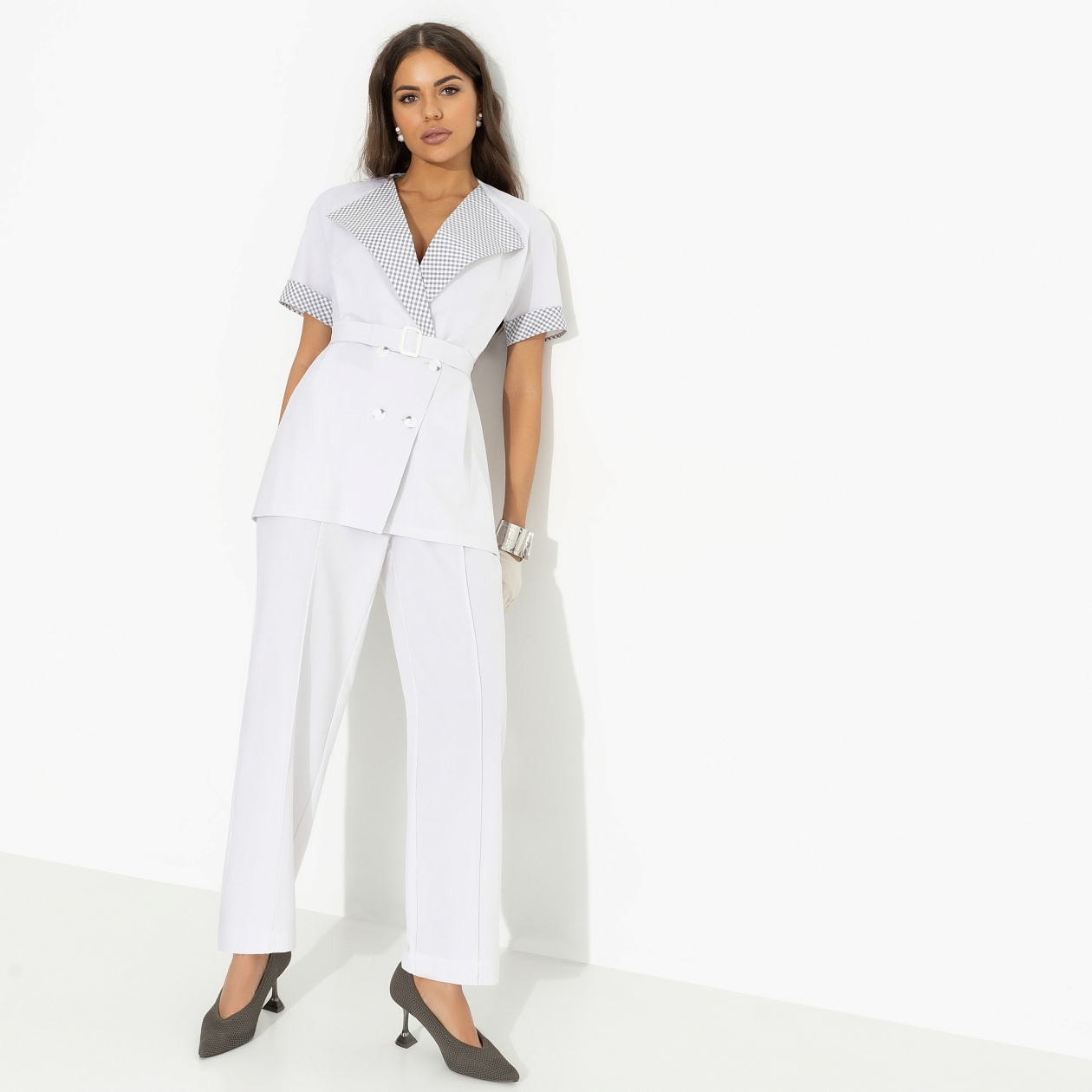 Брючный костюм Прогулки по Монмартру (grey, 2 в 1, с поясом). Состав: 55% полиэстер, 40% вискоза, 5% спандекс