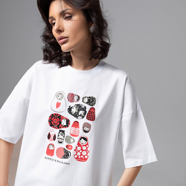 Футболка Фэшн-идеал (белая с матрешками) 