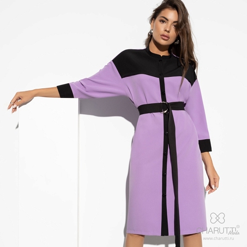 Платье Идеальный фасон (lilac-black, с поясом). Состав: 60% п/э, 37% вискоза, 3% спандекс
