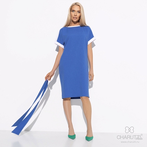 Платье Открытые границы (blue, с поясом). Состав: 80% п/э, 15% лен, 5% эластан
